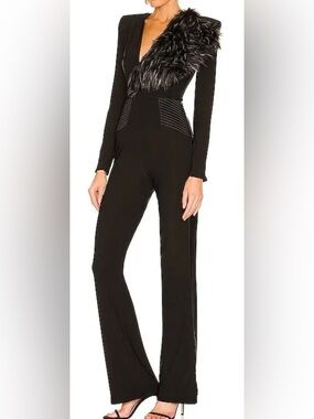 Zhivago Black Faux Fur-Trim Plunge Jumpsuit NWT